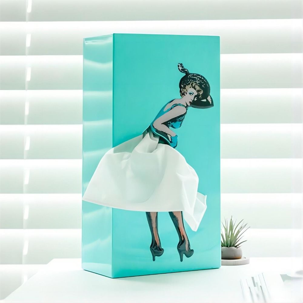 Tissue Box Cover with Moving Skirt and Weighted Base for Standard Boxes