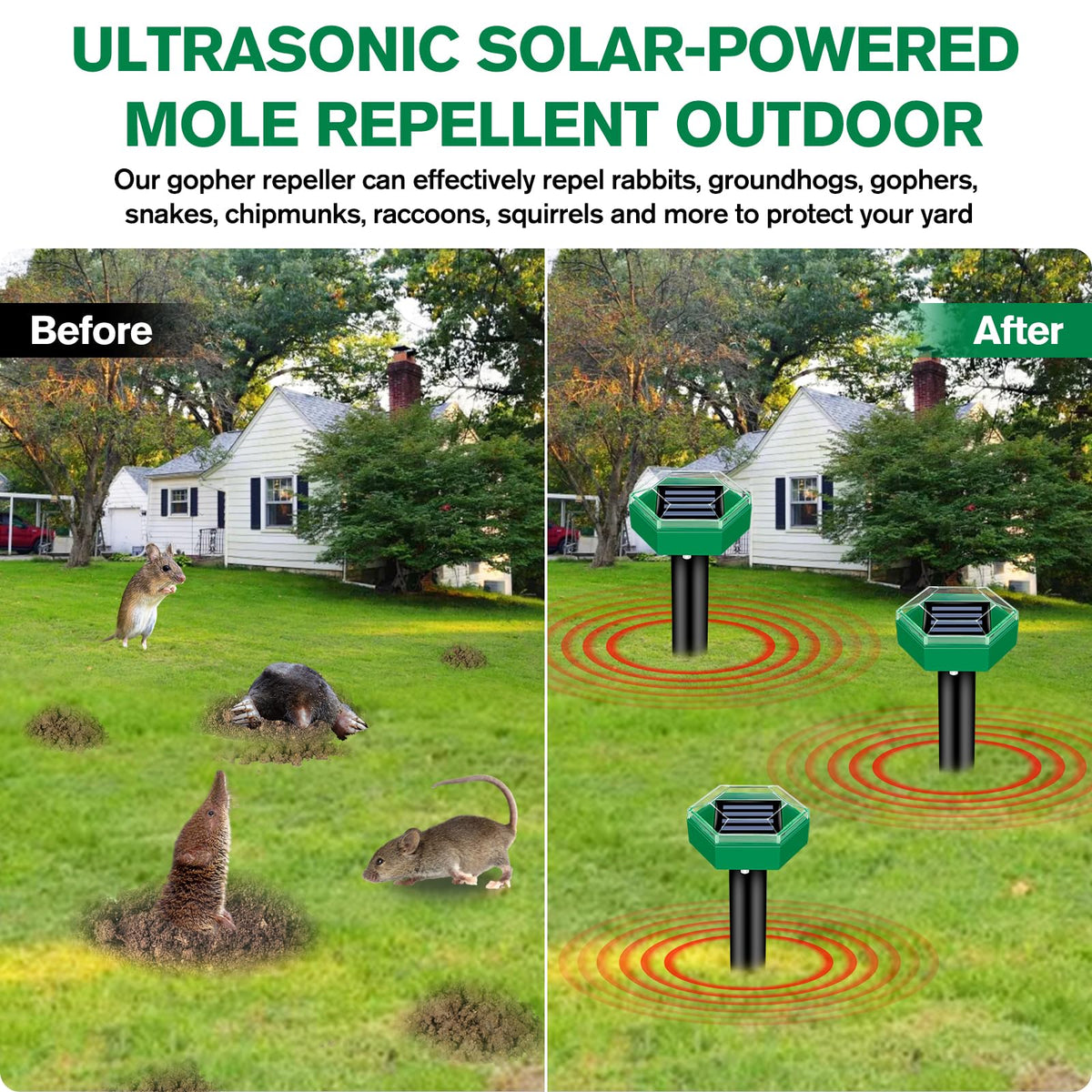 Solar Mole Repeller with Pulsing Vibration and Waterproof Housing, 4-Pack