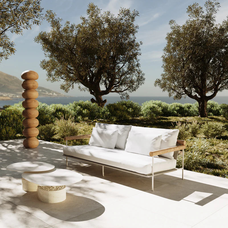 Coastal Modern Aluminum Teak Outdoor Sofa 83" White Frame & Cream Cushions, Patio Seating