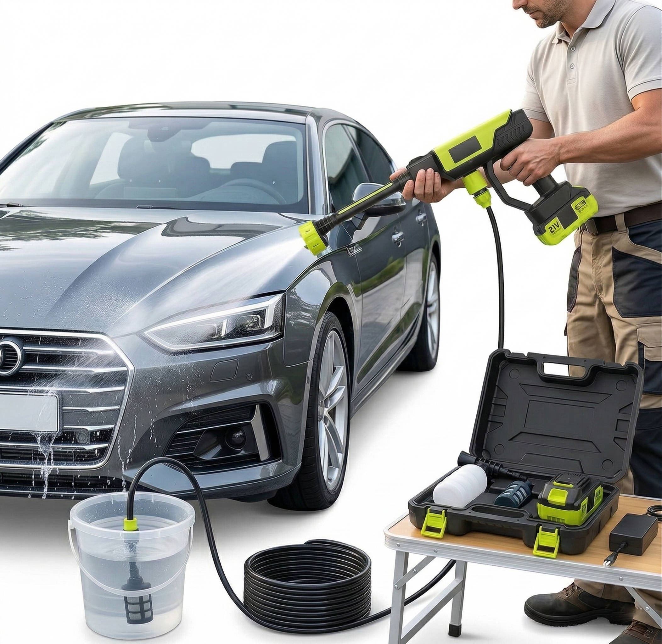 Portable Pressure Washer with Six Spray Nozzles and Detachable Battery, Bucket Feed