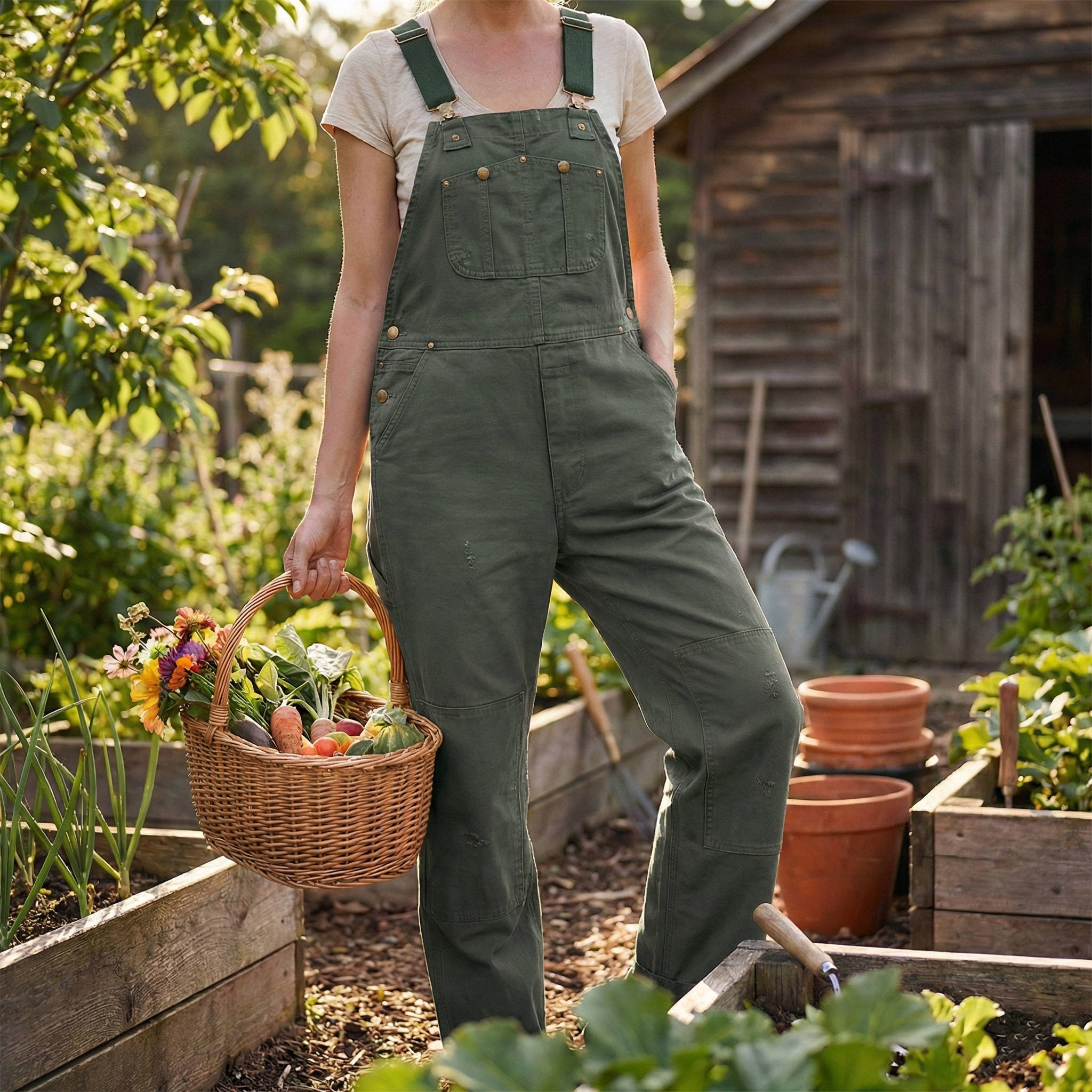 Women's Canvas Overalls with Padded Adjustable Straps and Multi-Pocket Storage
