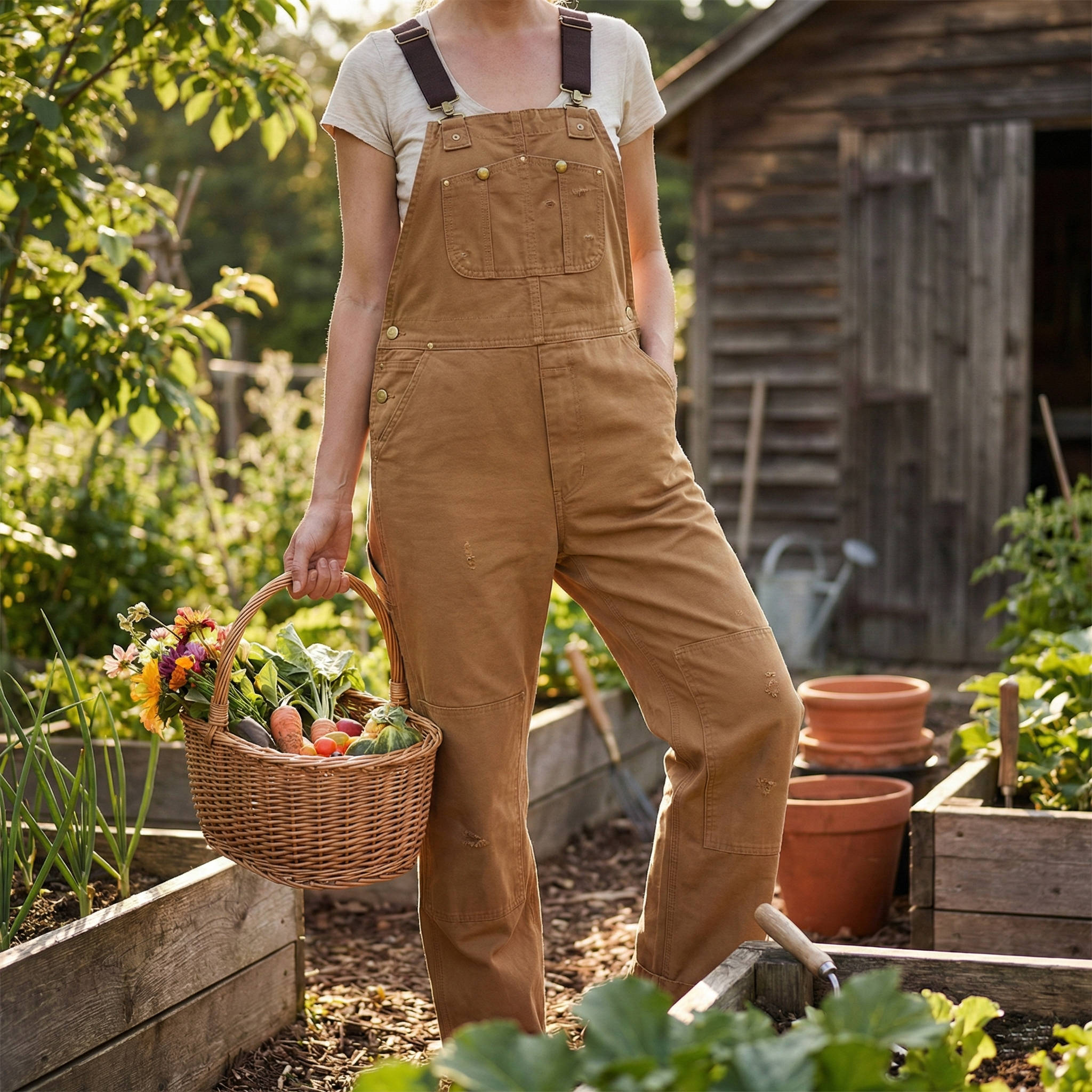 Women's Canvas Overalls with Padded Adjustable Straps and Multi-Pocket Storage
