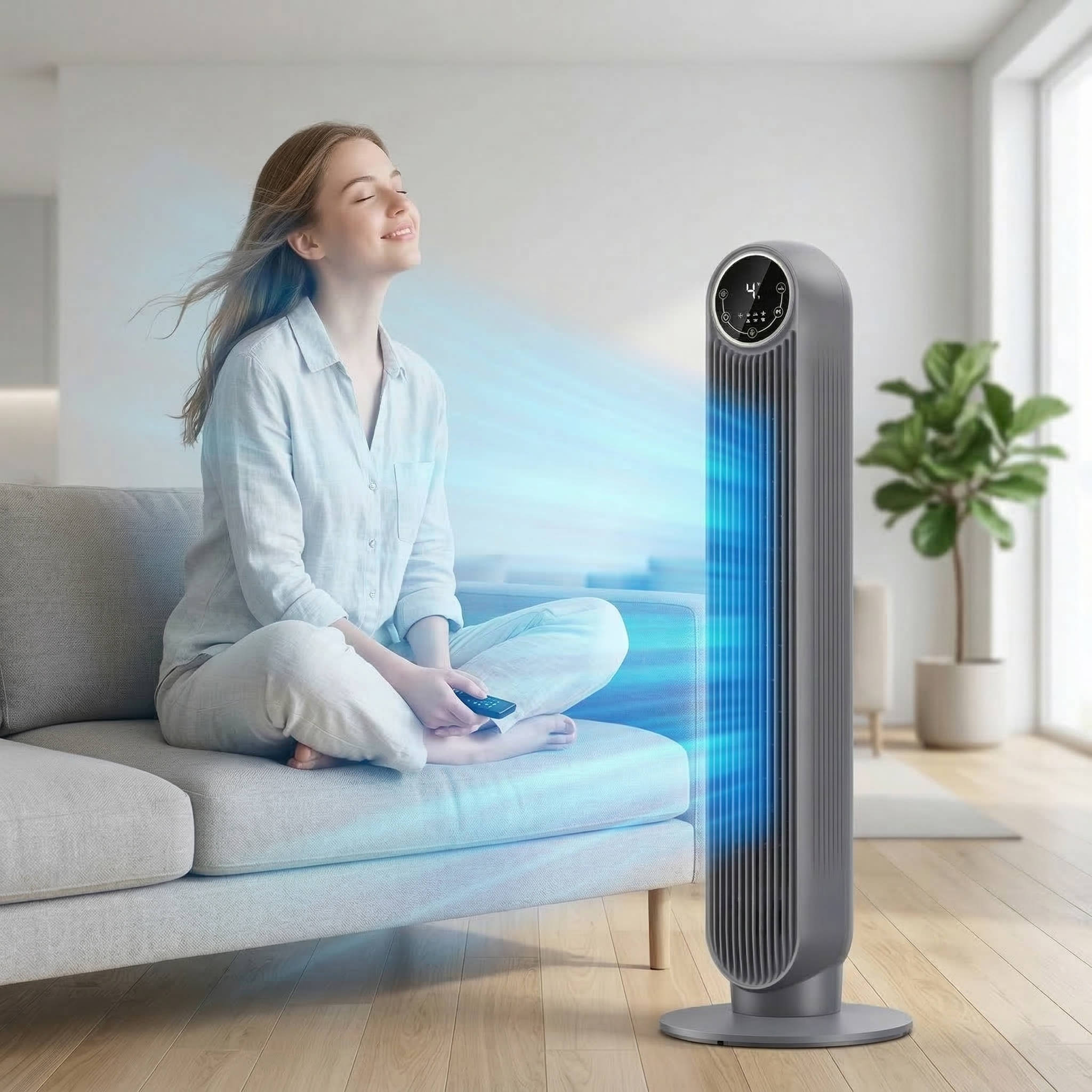 Bladeless Tower Fan with 8 Speed Levels and 4 Comfort Modes, Ultra Quiet 20 Decibel Operation