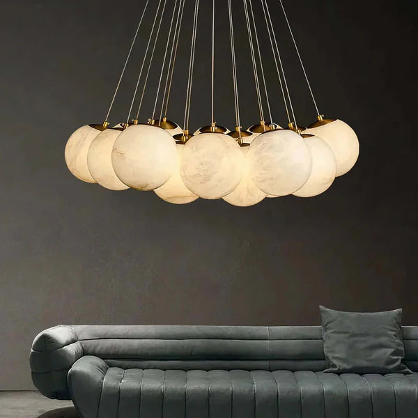 Aurora Cluster Marble Globe Chandelier, Light Gold Finish, Living Room Ceiling Lights