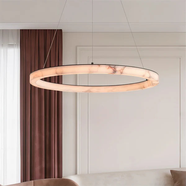 Lumière Halo Marble LED Ring Chandelier 39" Warm White, Modern Living Room Ceiling Lights