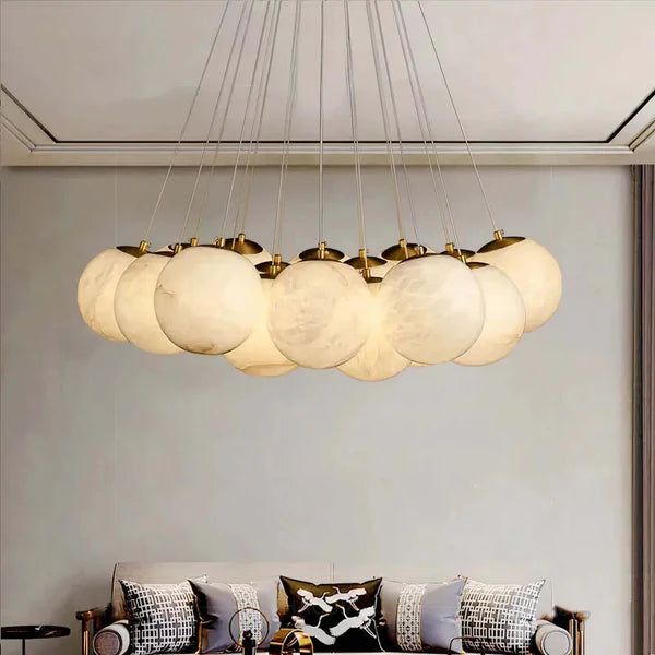 Aurora Cluster Marble Globe Chandelier, Light Gold Finish, Living Room Ceiling Lights