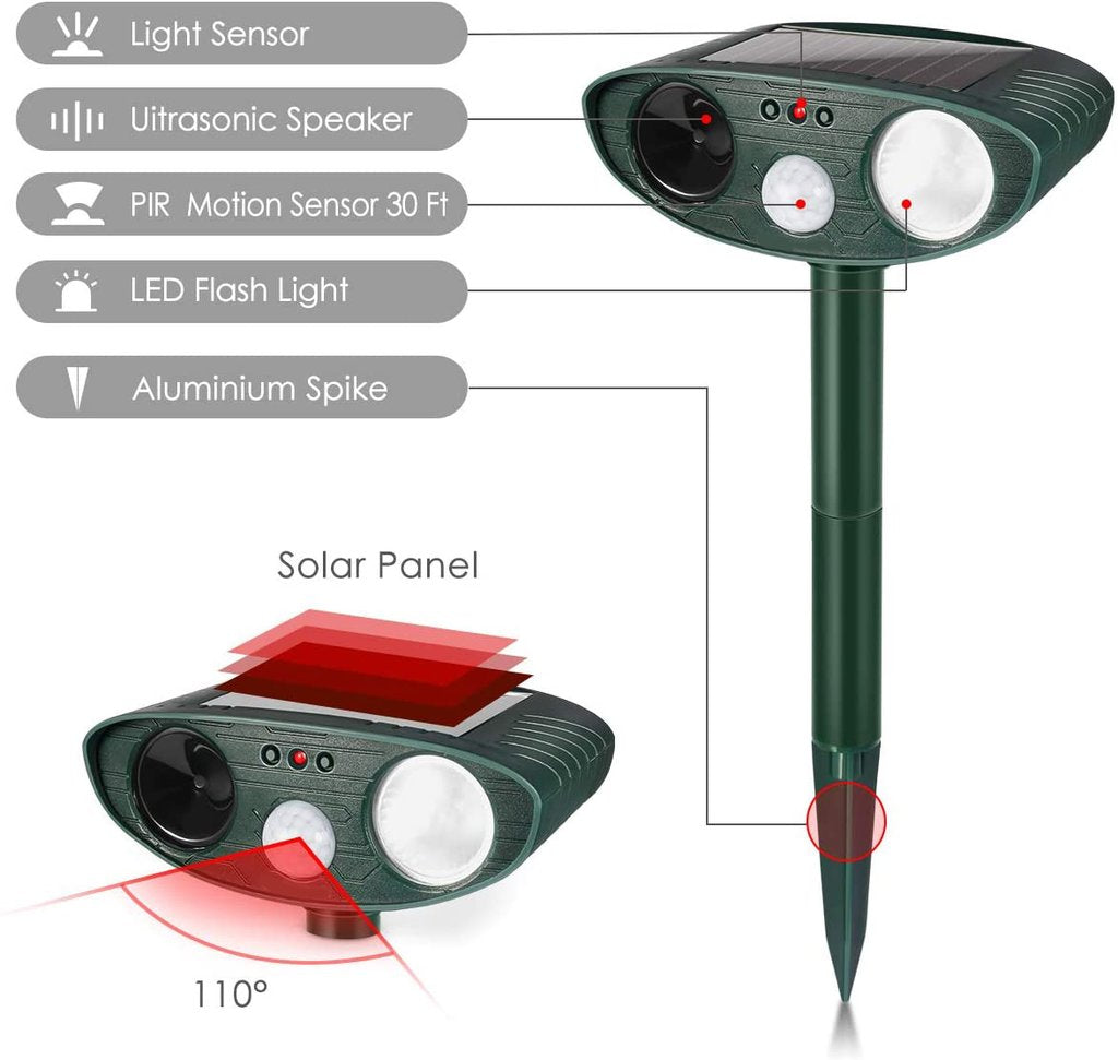 Motion-Activated Rabbit Deterrent with Ultrasonic Sound and Flashing Light, Solar Powered