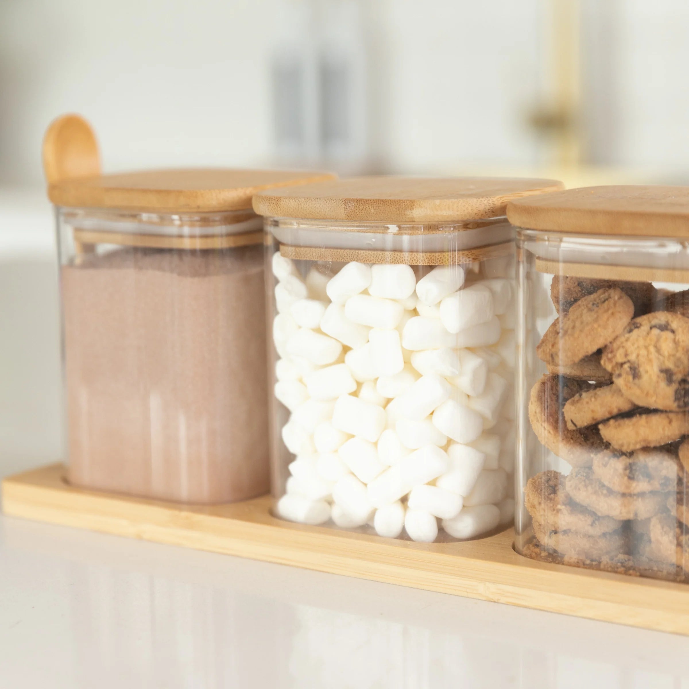 Modern Bamboo Glass Storage Jar Set 3-Piece with Tray & Spoon 17 oz Each, Kitchen Accessories