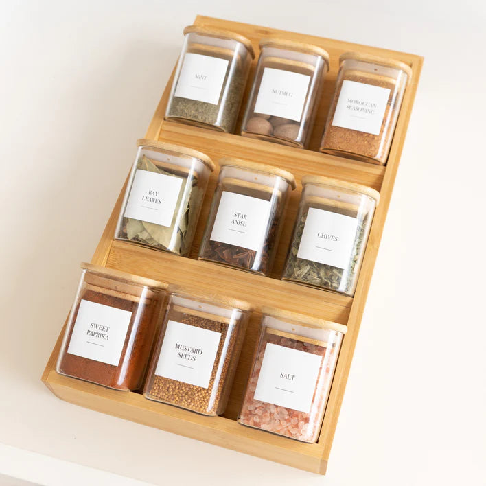 Expandable Bamboo Spice Drawer Organizer 3-Tier Natural Wood Rack, Kitchen Accessories