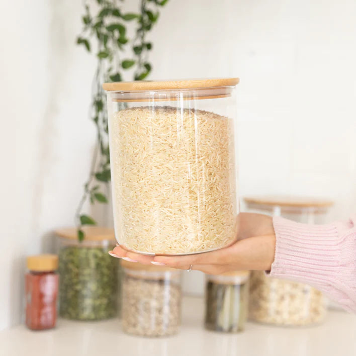 Clear Glass Storage Canister with Bamboo Lid 2L Large Capacity Stackable, Kitchen Accessories