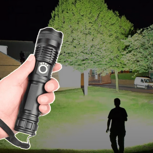 Rechargeable Flashlight with Telescopic Zoom Lens and 90,000 Lumens, IPX6 Water Resistant