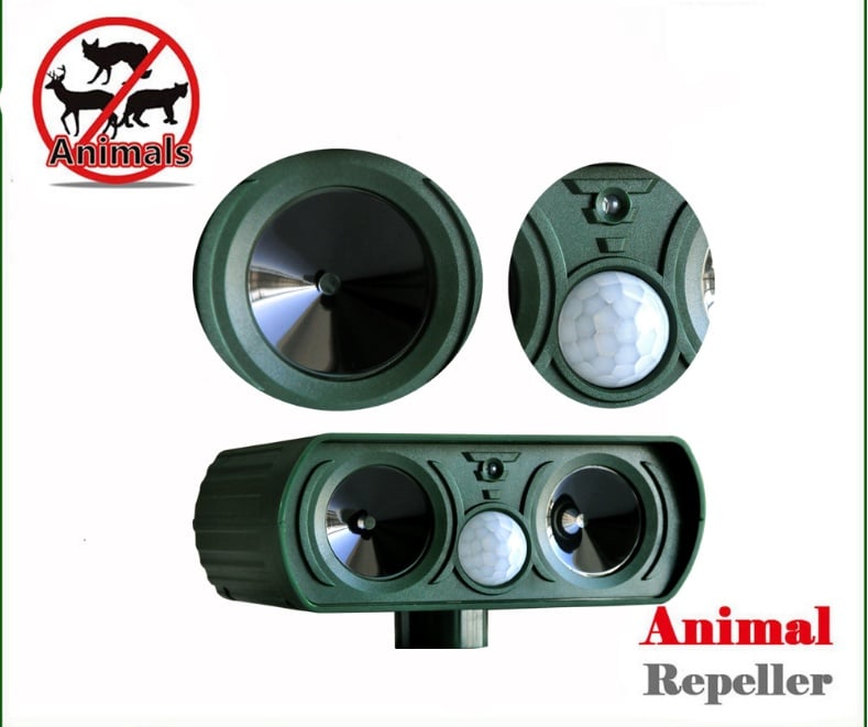 Motion Activated Ultrasonic Animal Repeller with Solar Panel and LED Lights