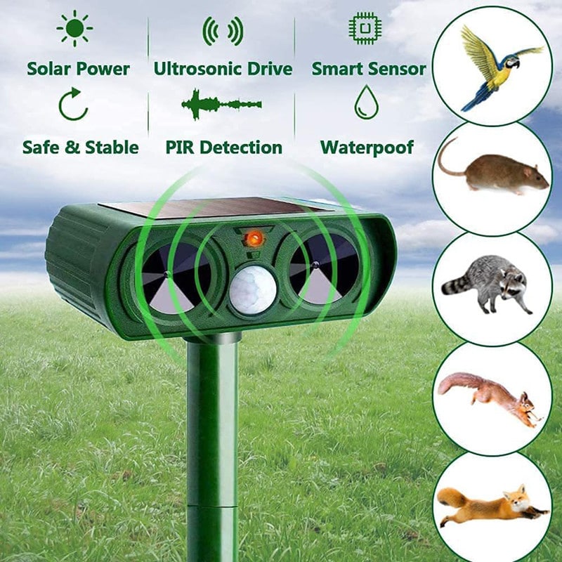 Motion Activated Ultrasonic Animal Repeller with Solar Panel and LED Lights
