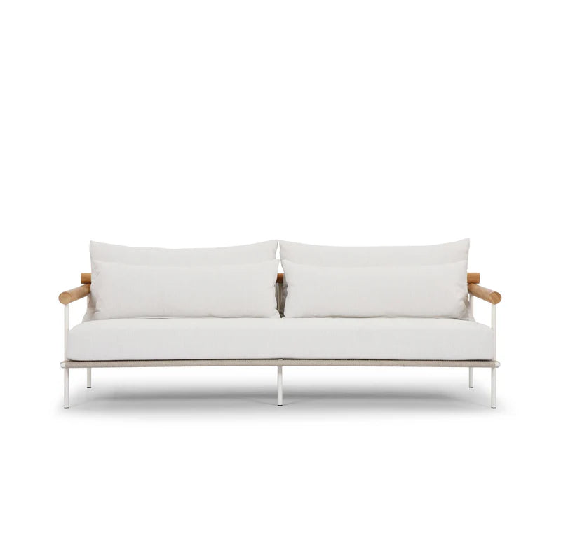 Coastal Modern Aluminum Teak Outdoor Sofa 83" White Frame & Cream Cushions, Patio Seating