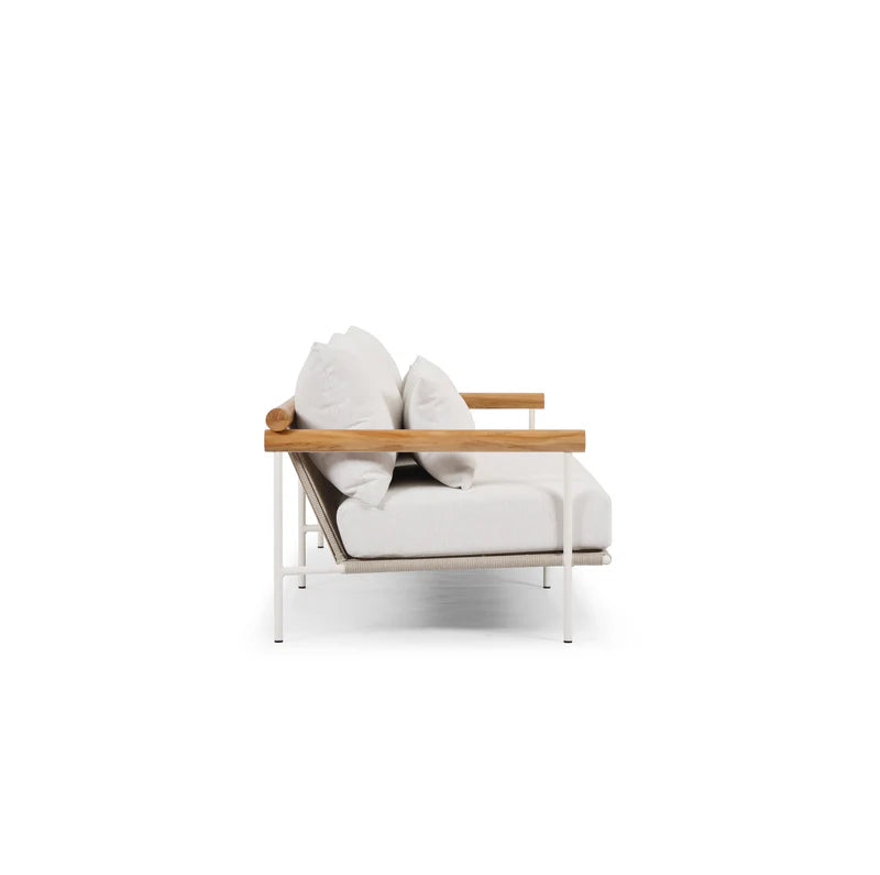 Coastal Modern Aluminum Teak Outdoor Sofa 83" White Frame & Cream Cushions, Patio Seating