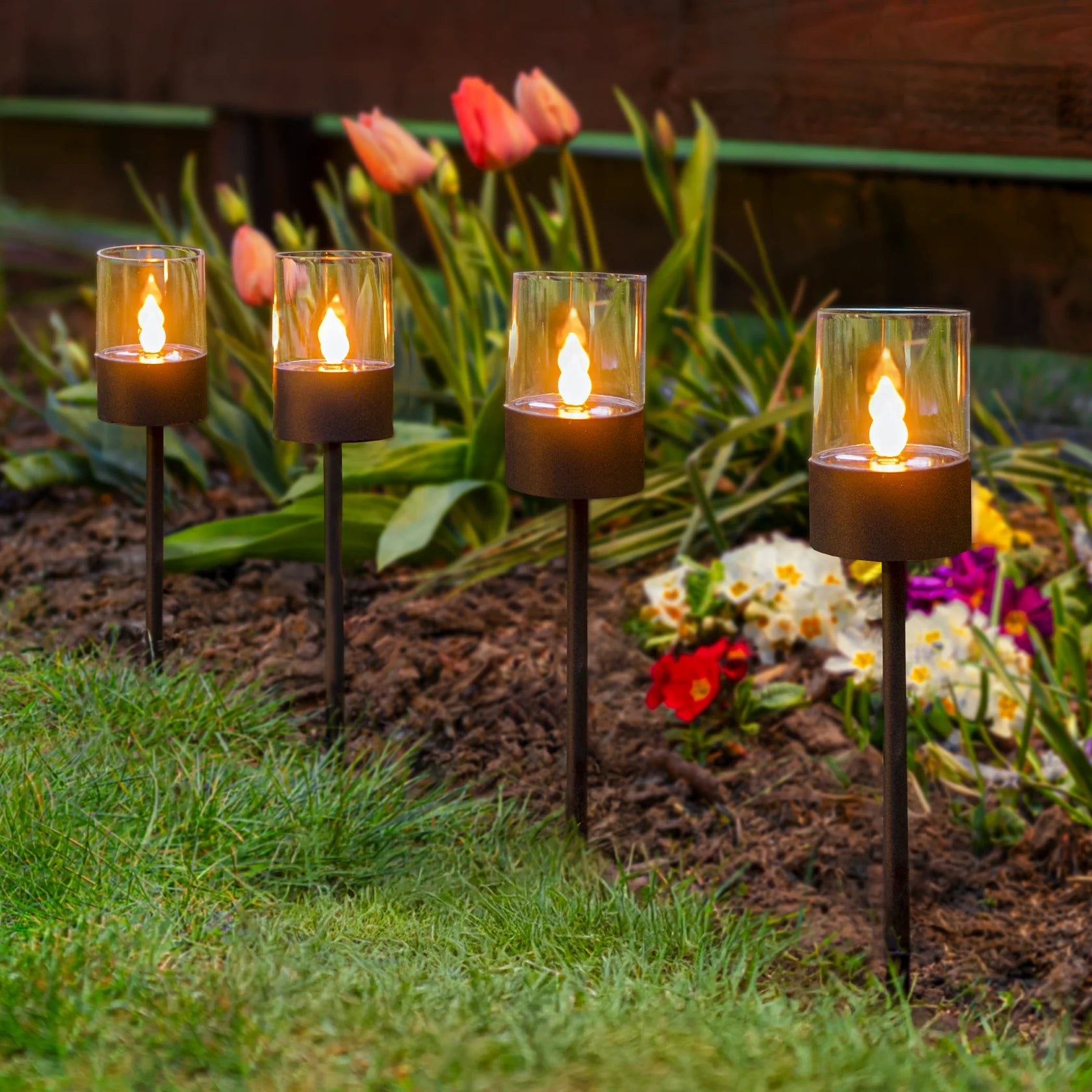 GlowPath Solar LED Stake Lights 16" Black Lantern Style 4-Pack, Outdoor Pathway Lighting