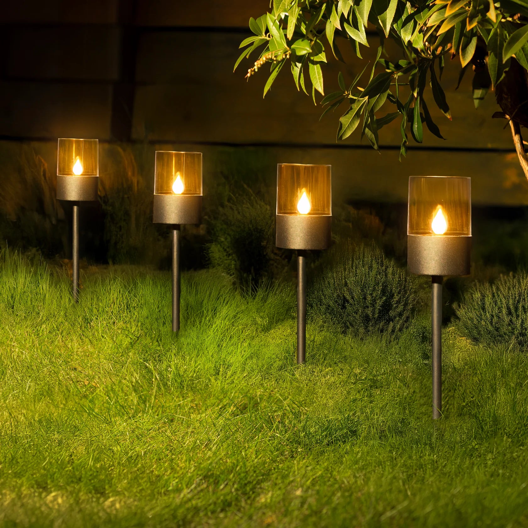 GlowPath Solar LED Stake Lights 16" Black Lantern Style 4-Pack, Outdoor Pathway Lighting