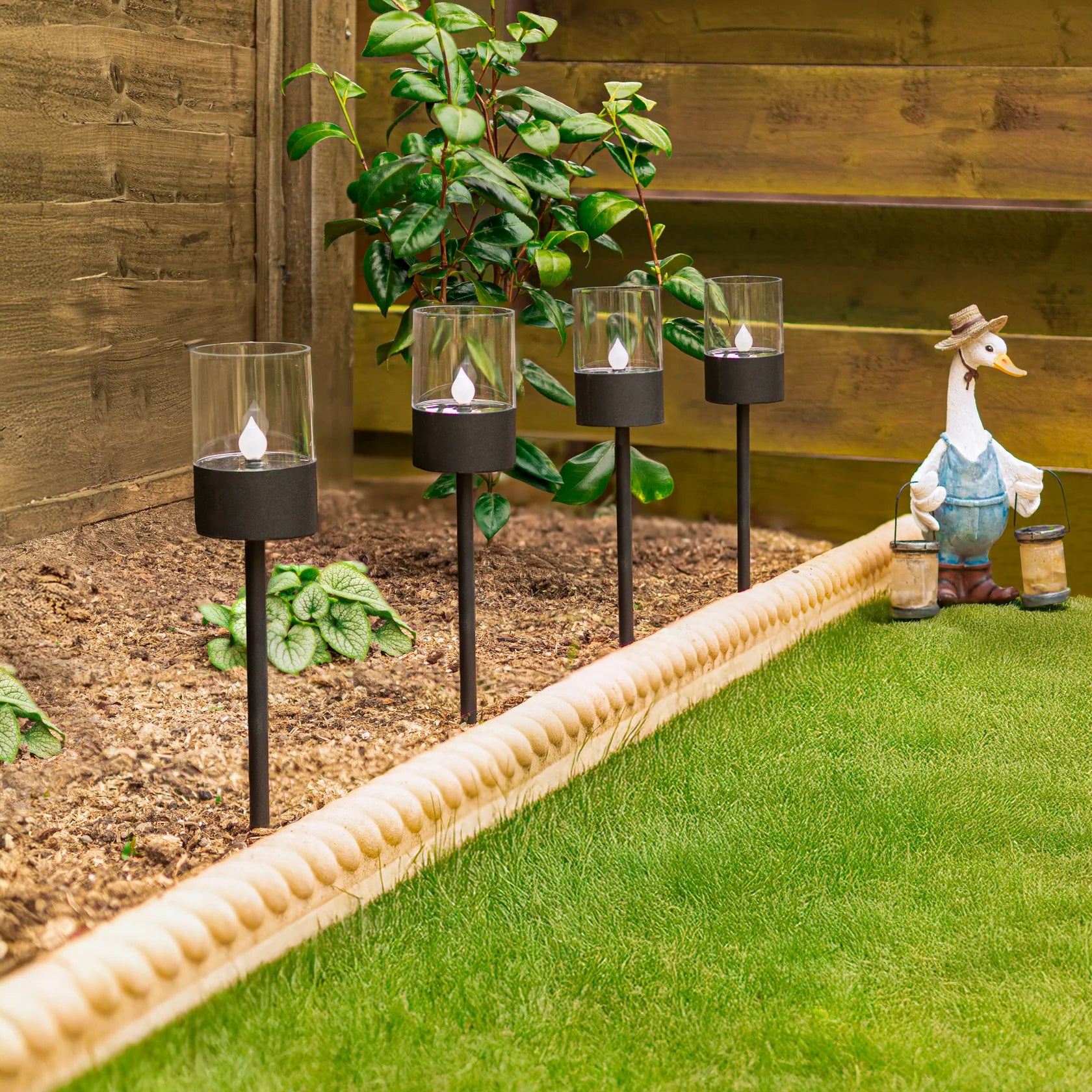 GlowPath Solar LED Stake Lights 16" Black Lantern Style 4-Pack, Outdoor Pathway Lighting