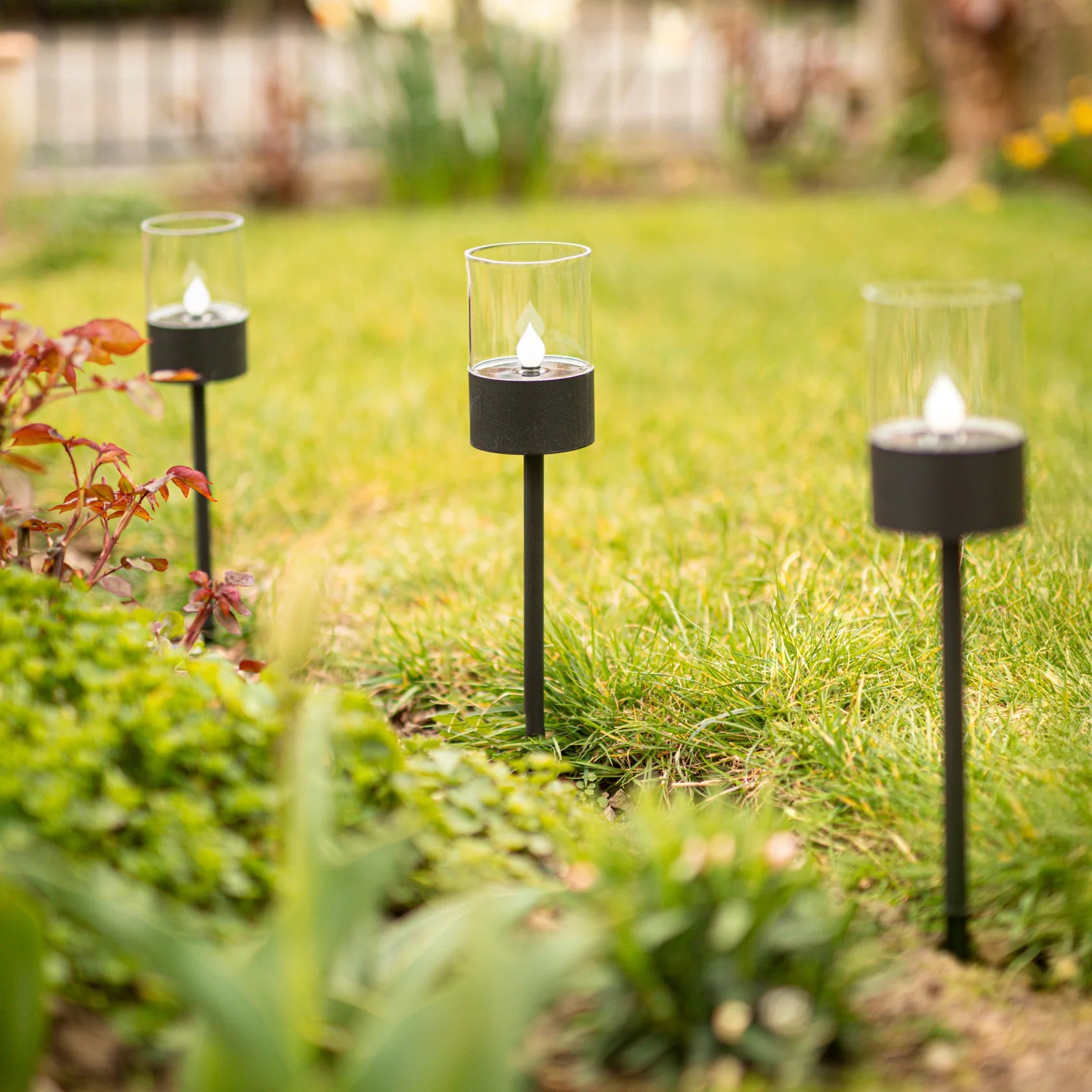 GlowPath Solar LED Stake Lights 16" Black Lantern Style 4-Pack, Outdoor Pathway Lighting