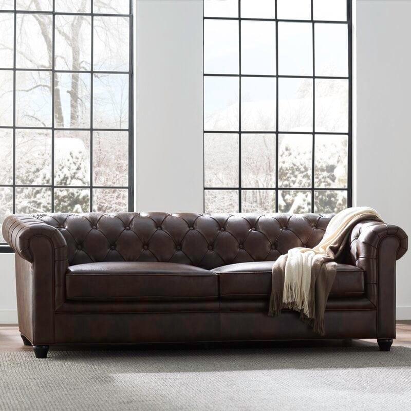 HeritageCraft Leather Sofa with Rolled Arms & Tufted Back, 3-Seater Living Room Sofas