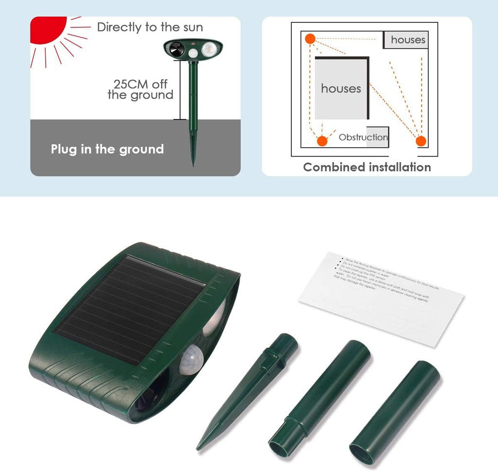 Motion-Activated Rabbit Deterrent with Ultrasonic Sound and Flashing Light, Solar Powered