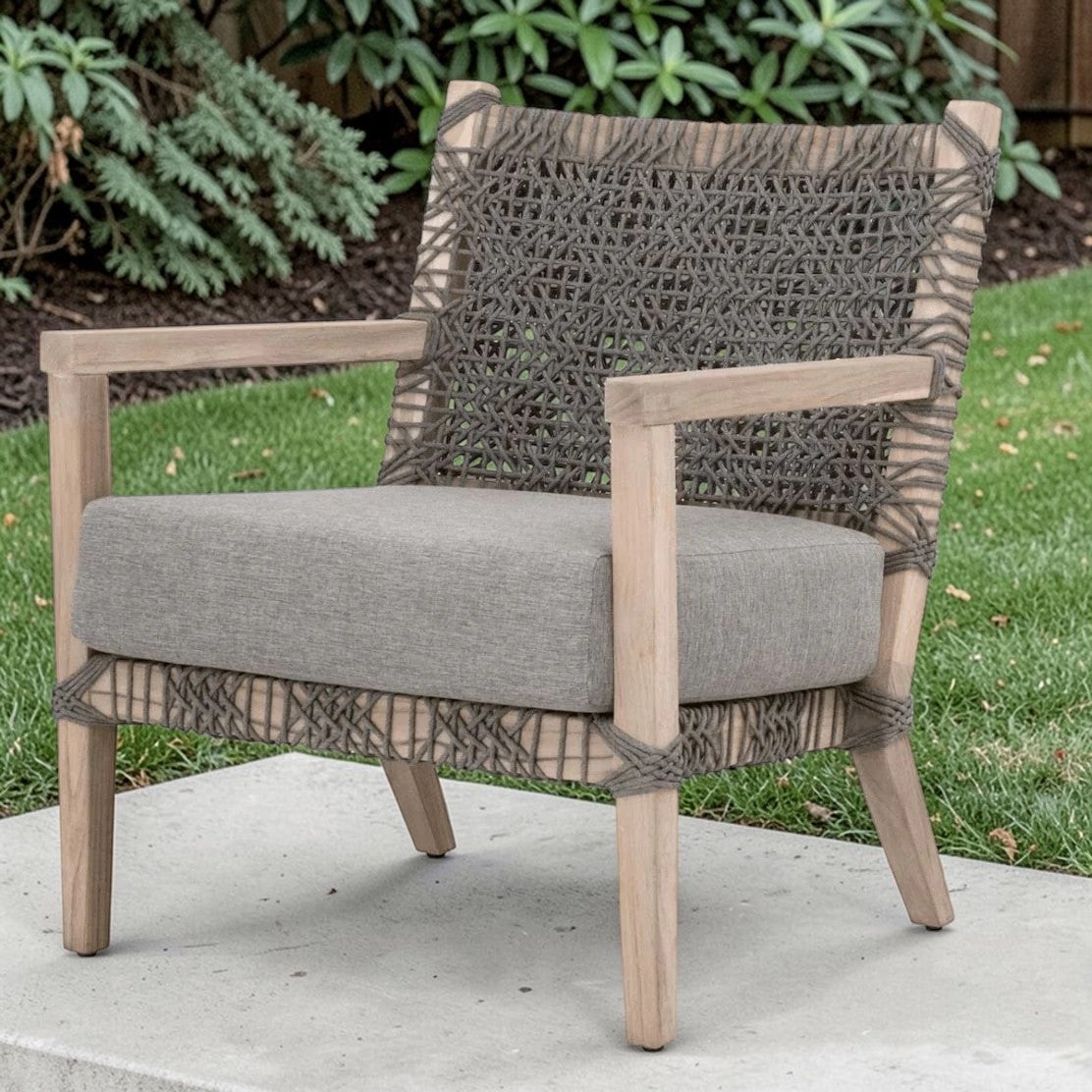 Coastal Haven Teak Rope Outdoor Club Chair Natural Gray, Patio Seating