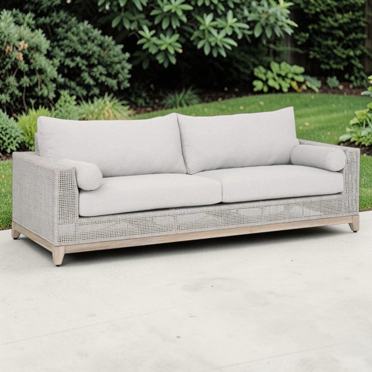 Coastal Luxe Teak Rope Outdoor Sofa 90" Taupe White & Gray, Patio Seating