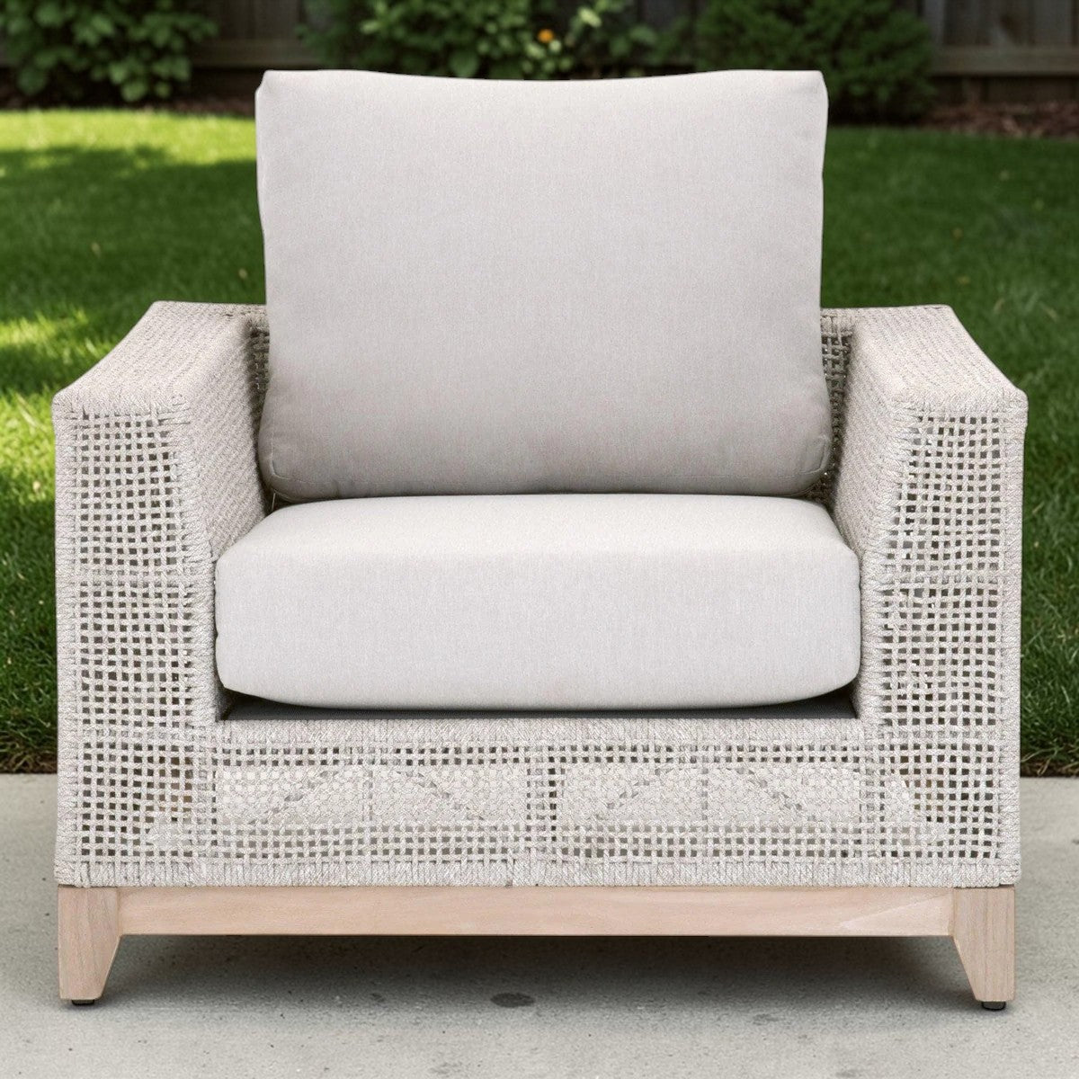 Coastal Luxe Teak Rope Outdoor Armchair Taupe White & Gray, Patio Seating
