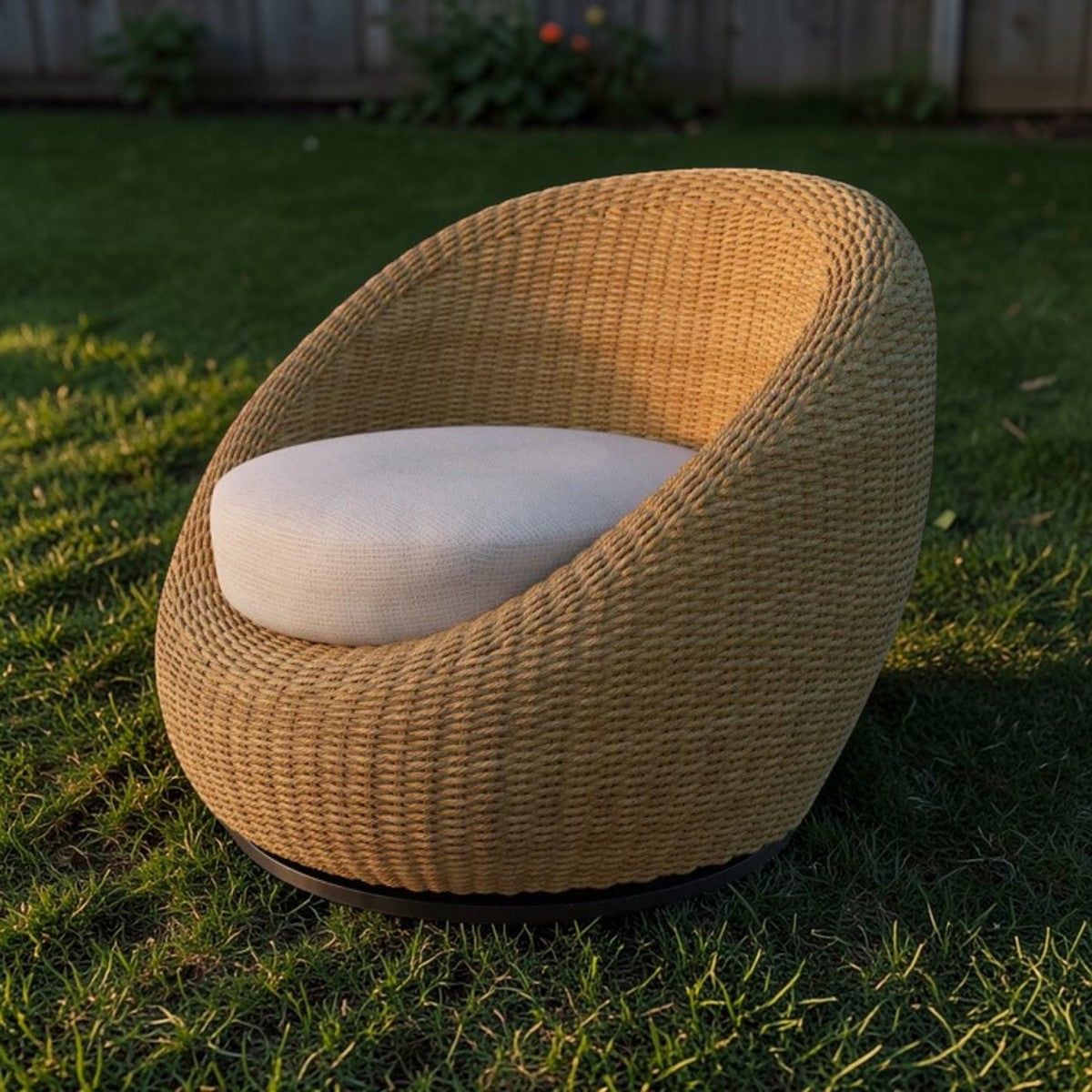 Coastal Swivel Woven Outdoor Club Chair Natural Rattan & Cream Cushion, Patio Seating