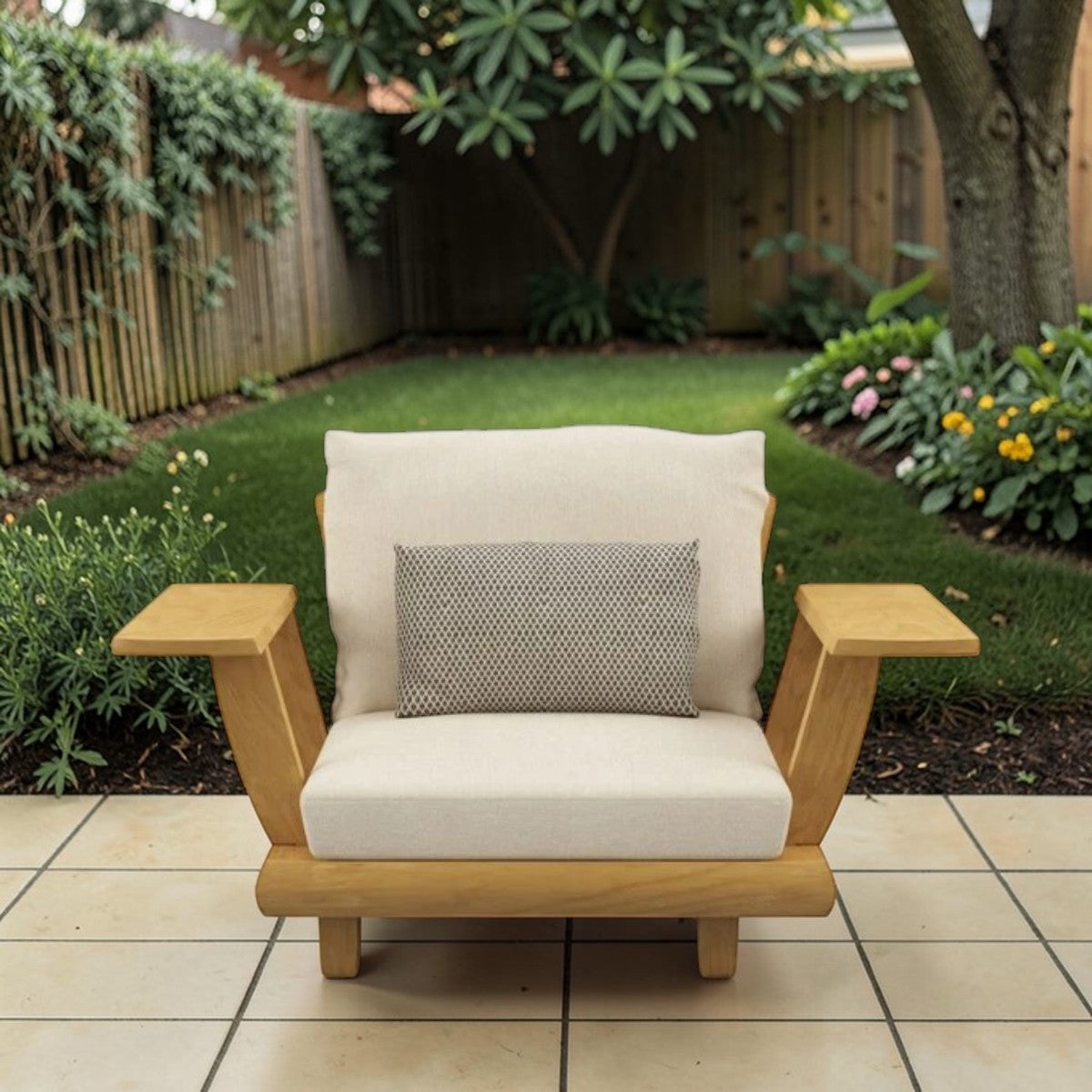 Coastal Haven Teak Outdoor Club Chair Wide Arm Natural Finish & Cream Cushions, Patio Seating