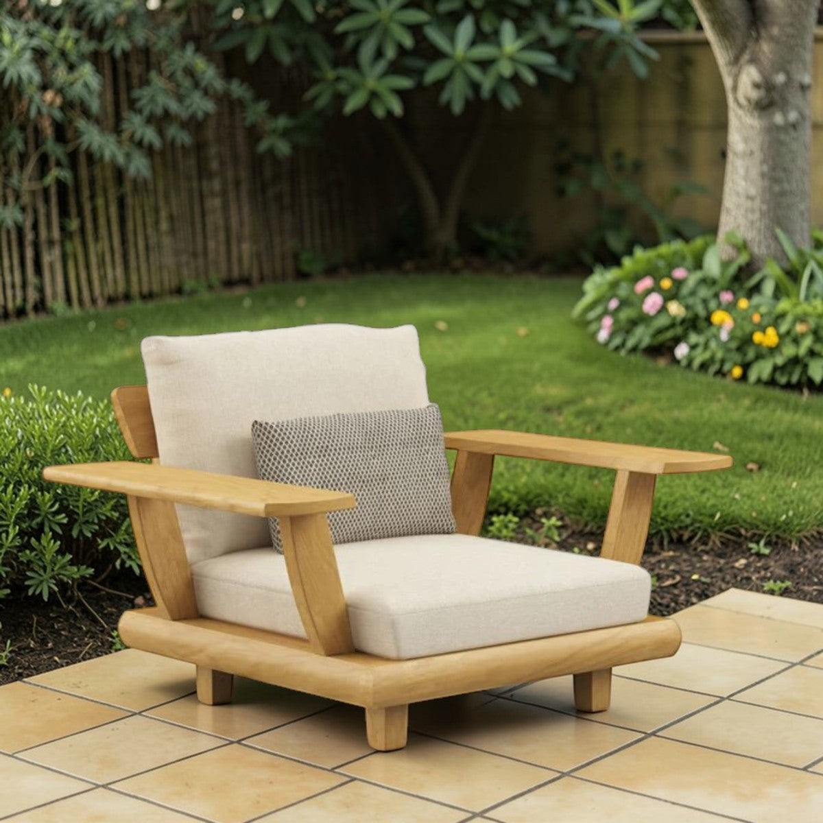 Coastal Haven Teak Outdoor Club Chair Wide Arm Natural Finish & Cream Cushions, Patio Seating