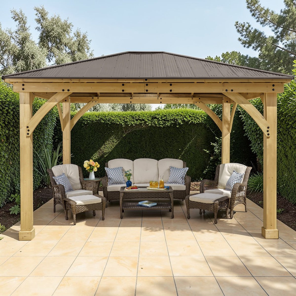 Outdoor Haven Cedar Wood Gazebo with Aluminum Roof Natural Finish, Patio Shelter