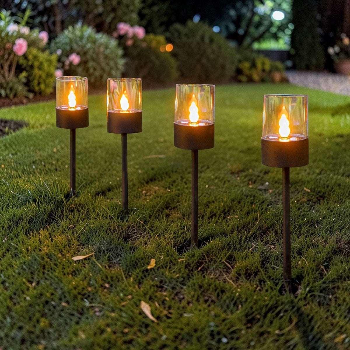 GlowPath Solar LED Stake Lights 16" Black Lantern Style 4-Pack, Outdoor Pathway Lighting