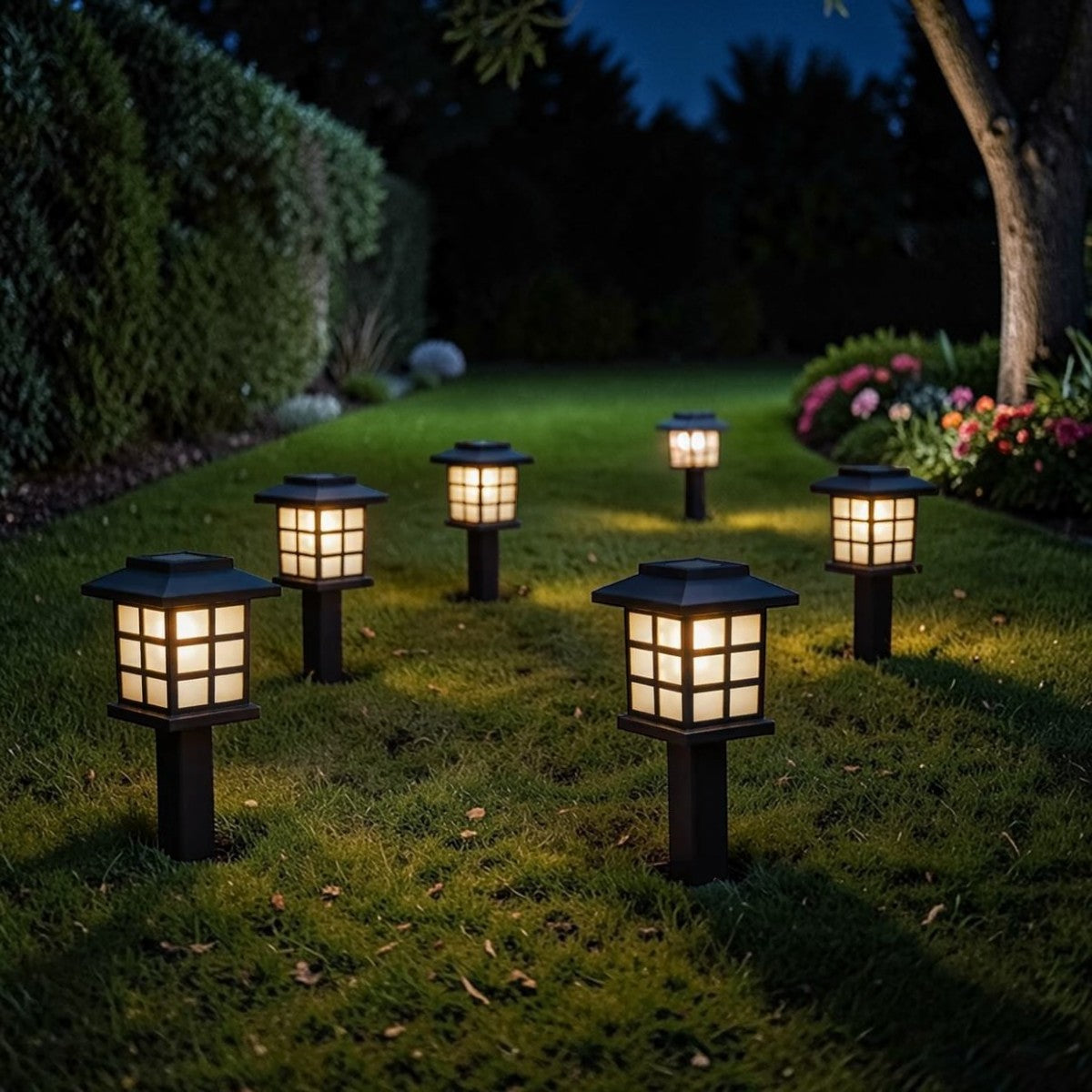 ZenGlow Solar Lantern Path Lights 11" Black Grid Design 6-Pack, Outdoor Garden Lighting