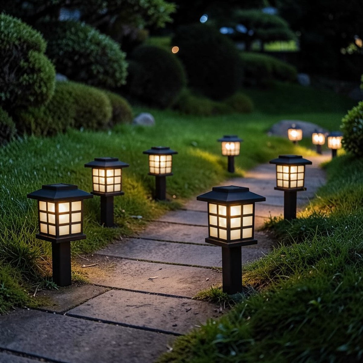 ZenGlow Solar Lantern Path Lights 11" Black Grid Design 6-Pack, Outdoor Garden Lighting