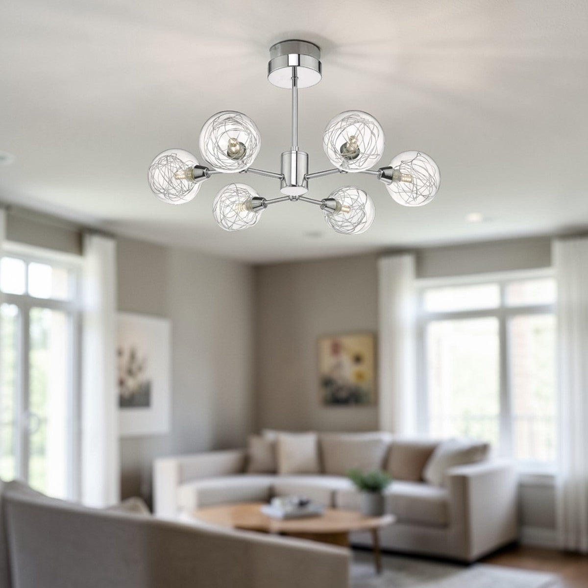 Nova Orbit 6-Light Modern Sputnik Ceiling Fixture, Chrome Glass Globe Chandelier