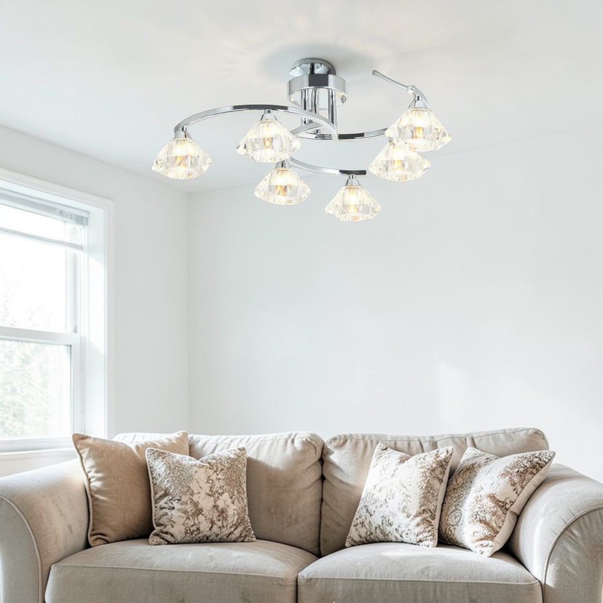Celeste Wave 6-Light Chrome Semi-Flush Ceiling Fixture with Crystal Glass Shades
