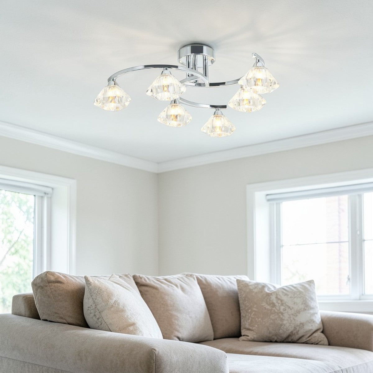 Celeste Wave 6-Light Chrome Semi-Flush Ceiling Fixture with Crystal Glass Shades