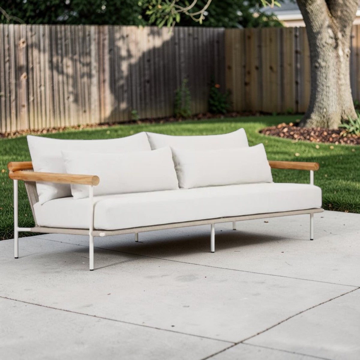 Coastal Modern Aluminum Teak Outdoor Sofa 83" White Frame & Cream Cushions, Patio Seating
