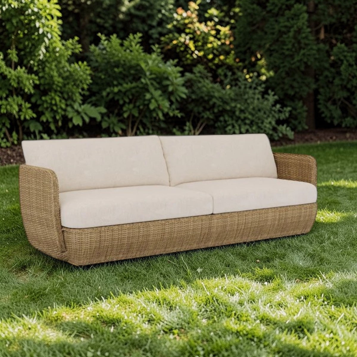 Coastal Woven Outdoor Sofa 94" Natural Rattan & Cream Cushions, Patio Seating