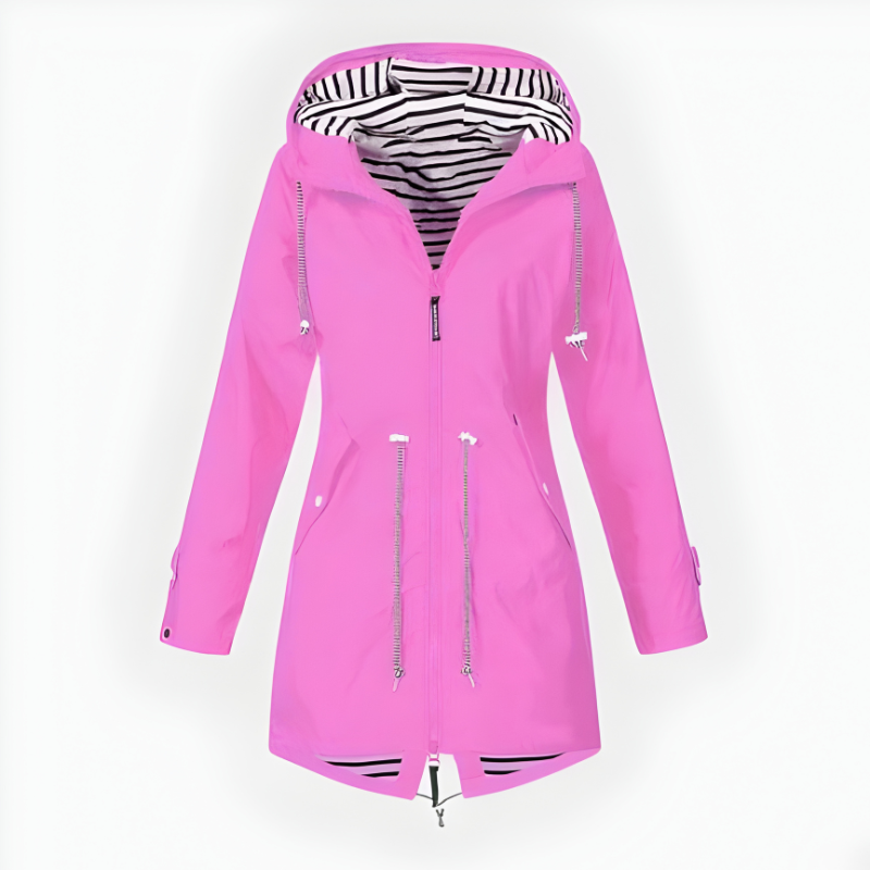 Women's Long Hooded Rain Jacket with Adjustable Hood and Breathable Waterproof Fabric