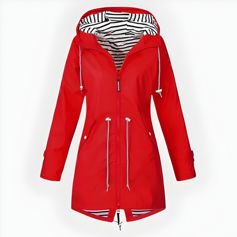 Women's Long Hooded Rain Jacket with Adjustable Hood and Breathable Waterproof Fabric