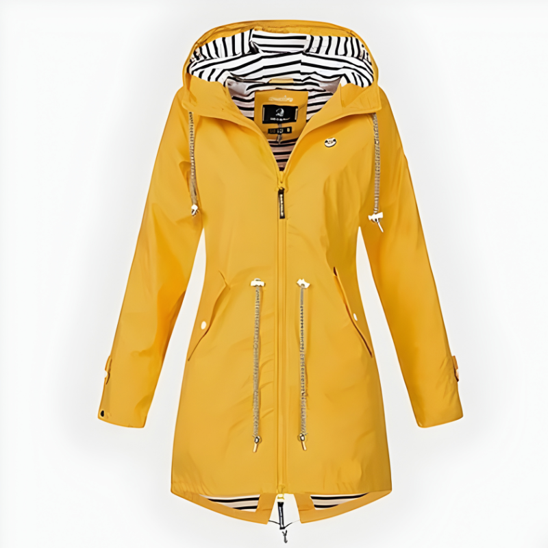 Women's Long Hooded Rain Jacket with Adjustable Hood and Breathable Waterproof Fabric