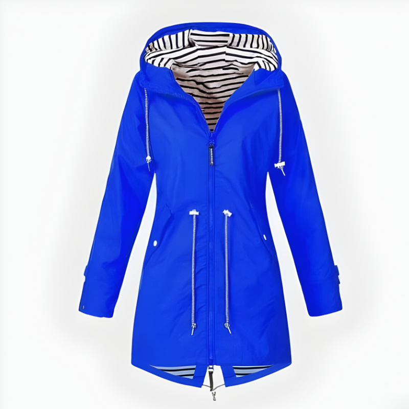 Women's Long Hooded Rain Jacket with Adjustable Hood and Breathable Waterproof Fabric