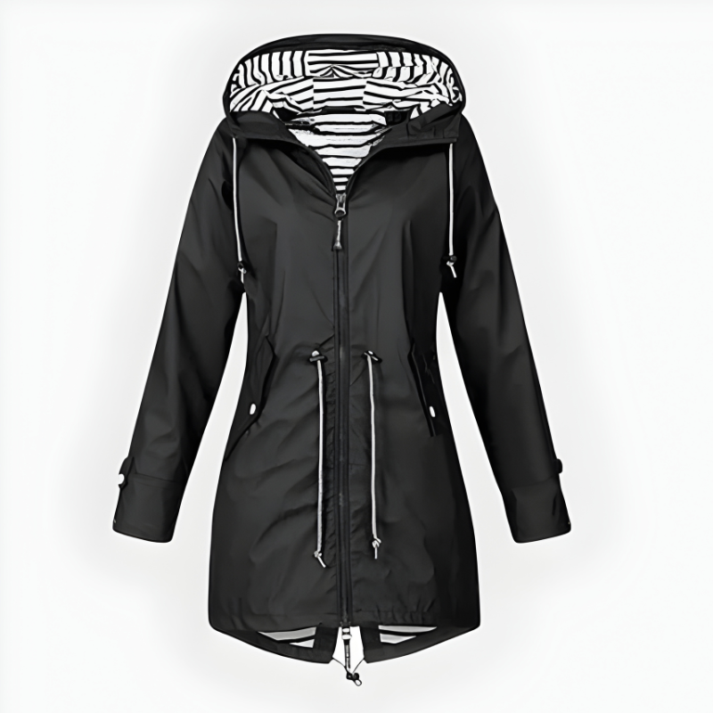 Women's Long Hooded Rain Jacket with Adjustable Hood and Breathable Waterproof Fabric