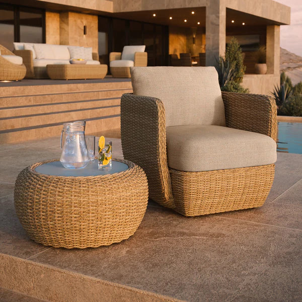Coastal Woven Outdoor Club Chair Natural Rattan & Cream Cushions, Patio Seating