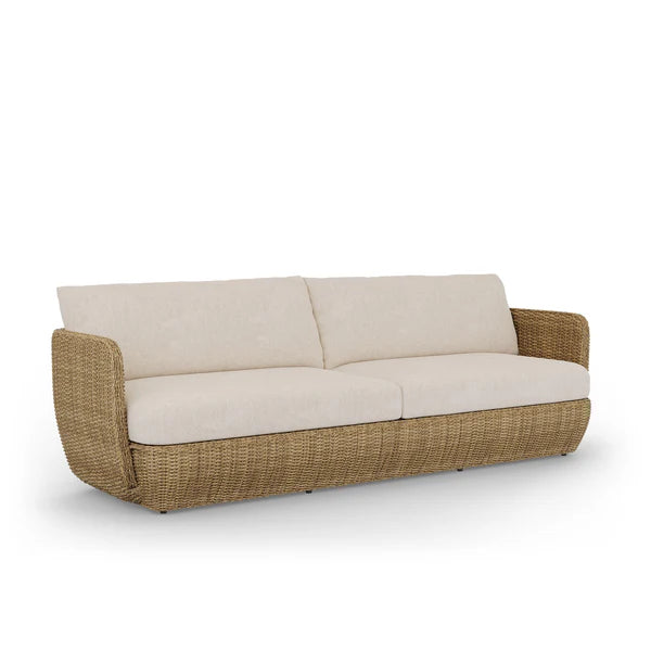Coastal Woven Outdoor Sofa 94" Natural Rattan & Cream Cushions, Patio Seating