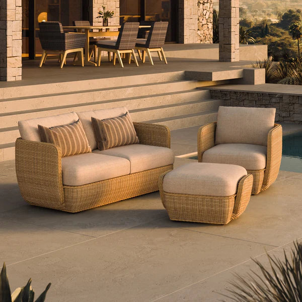 Coastal Woven Outdoor Sofa 94" Natural Rattan & Cream Cushions, Patio Seating