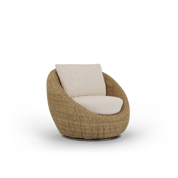 Coastal Swivel Woven Outdoor Club Chair Natural Rattan & Cream Cushion, Patio Seating