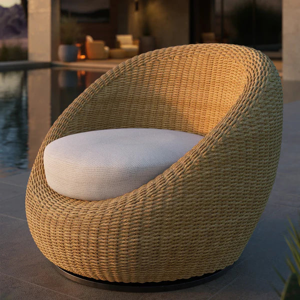 Coastal Swivel Woven Outdoor Club Chair Natural Rattan & Cream Cushion, Patio Seating